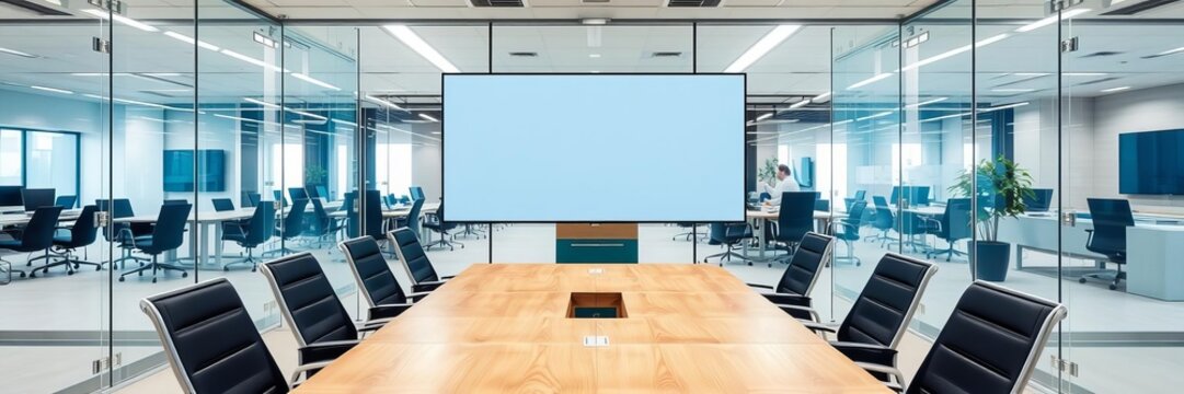 Modern office meeting room with sleek glass conference table, ergonomic chairs, and large screen display, glass, conference