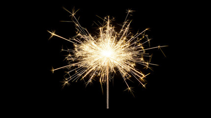 Single golden sparkler captured on a dark background. Sparks radiate outward creating a festive and celebratory atmosphere, perfect for holiday themes.