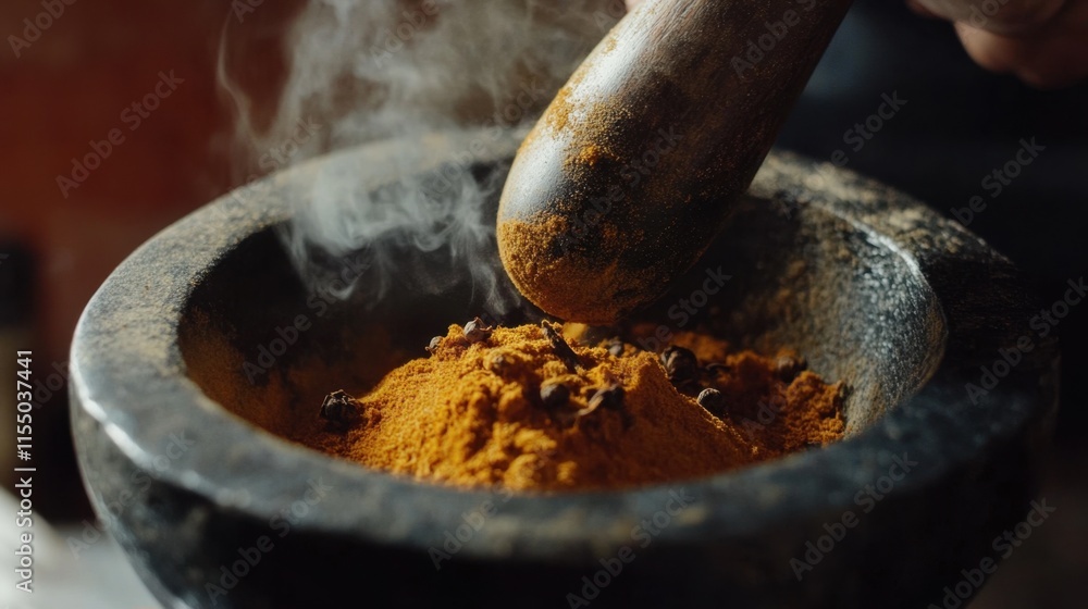 Poster a close-up of aromatic spices being added to a mortar, creating the base for an authentic indian mas