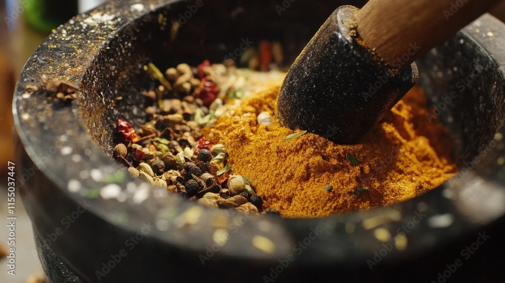 Poster a close-up of aromatic spices being added to a mortar, creating the base for an authentic indian mas