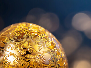 Intricate golden ornament with floral patterns glowing against a dark background, evoking elegance and opulence.