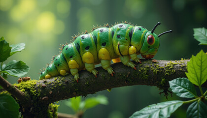 Caterpillar turning into a butterfly, symbolizing transformation and change, against a vibrant backdrop with copy space