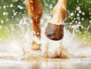 Fototapeta premium A close-up of horse hooves splashing through water with dynamic movement, symbolizing strength, power, and a connection to nature’s raw beauty.