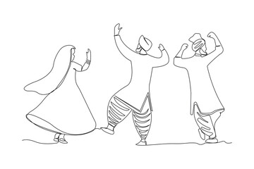 People celebrating Lohri festival line drawing. Baisakhi festival concept continuous line art.