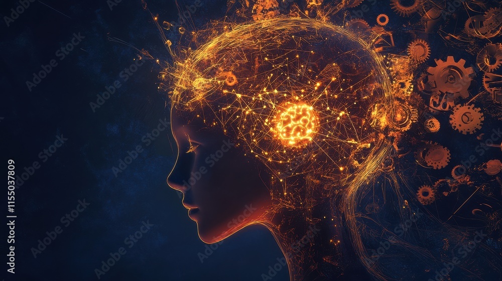Poster abstract representation of brain activity with technological elements