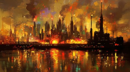 Obraz premium Vivid Industrial Cityscape at Twilight