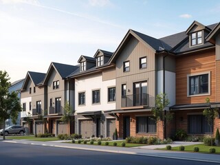 Modern townhouses against clear blue sky, neighborhood, new