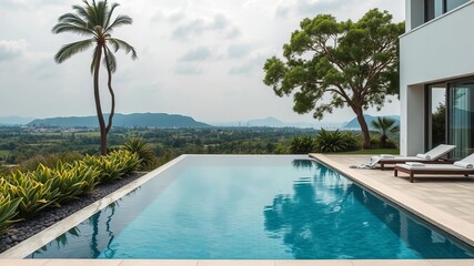 Fototapeta premium Modern villa with a minimalist design and large windows overlooking a luxurious pool and beautifully landscaped garden, garden, pool