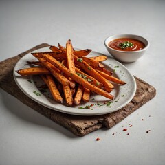 A plate of sweet potato fries with a spicy dipping sauce on a white background.