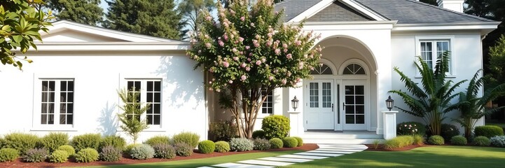 Modern white house with large windows, clean lines, and beautiful landscaping, windows, design