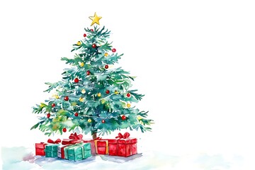 Watercolor illustration: Christmas tree decorated with balls. Gifts under the Christmas tree. Template for the design of posters and cards