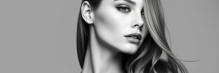 Fototapeta premium Monochrome close up portrait of elegant confident woman with long hair, hair, young