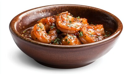 Sauteed shrimp in a brown bowl.
