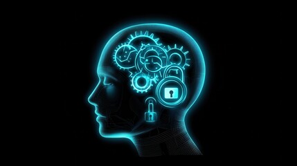 Illustration of Human Head with Gears and Locks in Neon Colors