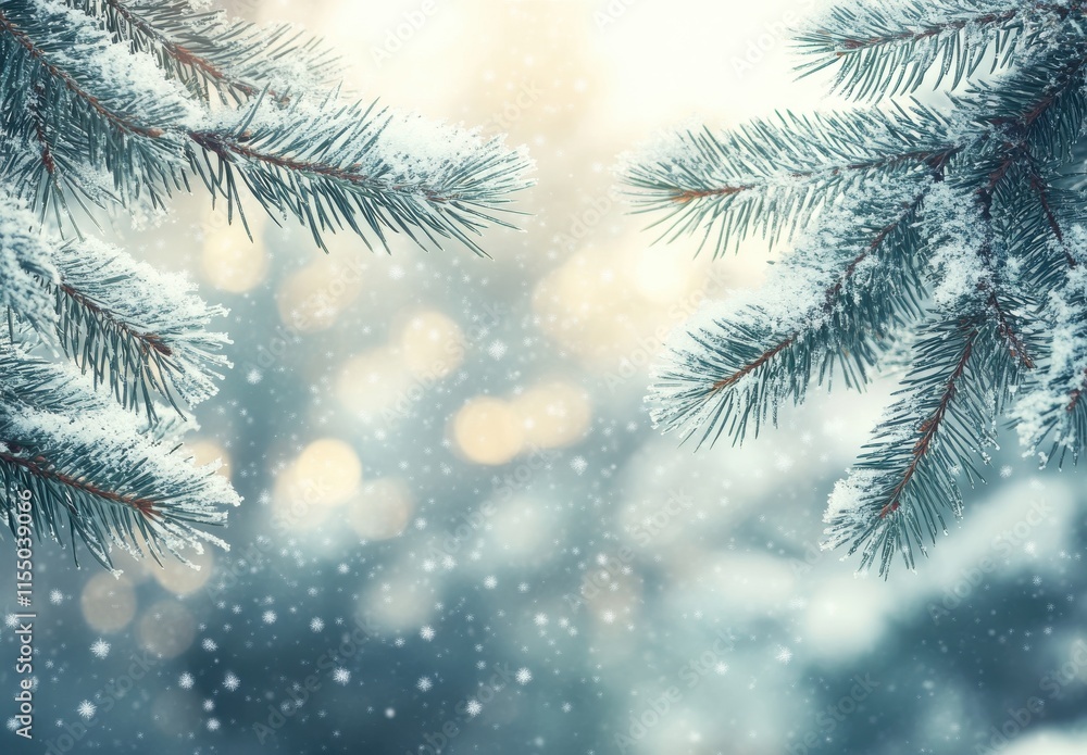 Poster snowy pine branches framed by soft winter light, creating a serene winter wonderland atmosphere with