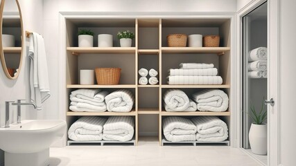 Neatly organized towels displayed on shelves in a modern bathroom, towels, closet