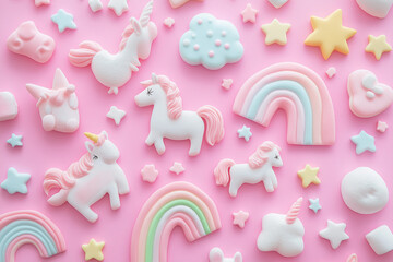 Trendy pastel pink kawaii background with cute air plasticine handmade cartoon animals, unicorns, stars, sweet marshmallows, rainbows pattern. Top view, flat lay