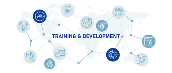 Training and Development employee education improvement career corporate learning to gain competency in jobs experience design header background with icon