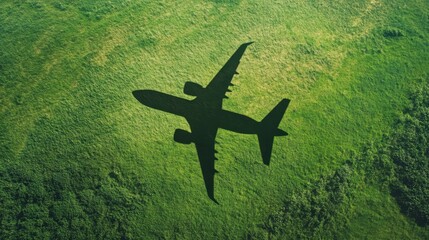 Fototapeta premium A faint shadow of an aircraft crossing a green landscape, evoking themes of eco-friendly travel and reduced carbon footprints.