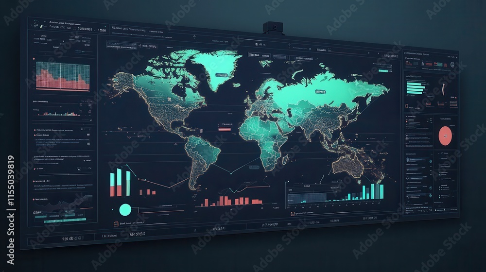 Poster futuristic data visualization on global map with charts and graphs