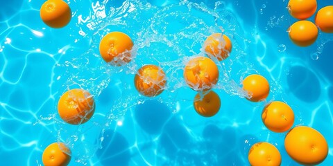 Oranges having a playful splash in water, surrounded by a lively and vibrant scene, water, pool party