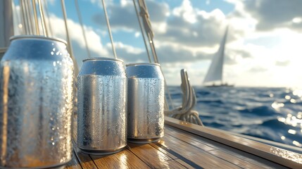 Obraz premium Aluminum cans on the deck of a sailing yacht against the background of the sea