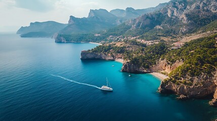 Fototapeta premium Luxury Yacht Sailing in a Secluded Cove