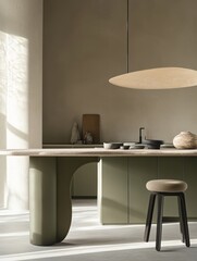 Modern Minimalist Kitchen Island Design with Green Cabinets