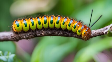 Close-Up of a Vibrant Caterpillar Crawling on a Twig