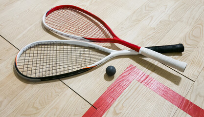 Squash Rackets And a Ball on a Wooden Court Floor. Sport Theme.