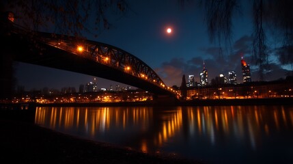 Night View of Frankfurt Skyline with Bridge and Moon