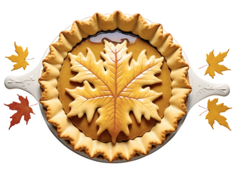 Maple Syrup Pie, amber filling, pastry leaf cutouts, gooey center, fall foliage colors, sweet Canadian influence