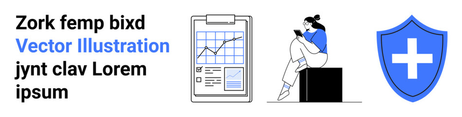 Fototapeta premium Woman in casual wear using a phone beside a clipboard with a line graph, and a blue shield with a white cross. Ideal for data analysis, tech engagement, health security, education, business growth