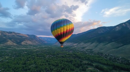 Fototapeta premium Colorful Hot Air Balloon Floating Over Lush Green Valley Landscape