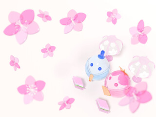 桃の花を見上げるかわいいガラスのお内裏様のある3DCG風景