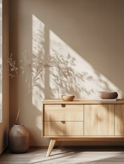 Sunlit Wooden Cabinet With Dried Flowers And Bowl