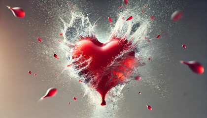 Red heart shaped balloon exploding with water splash effect concept of valentine's day romantic dynamic art