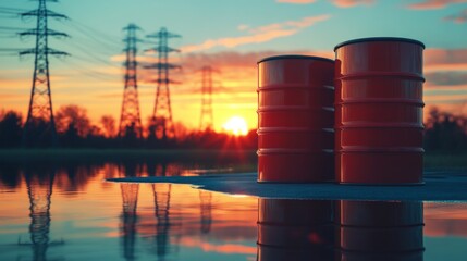 Discarded Barrels Under Power Lines at Sunset