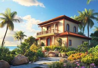 Fototapeta premium 3D rendering of a modern house with a tropical landscape. A cozy and elegant two-story building in a village near the sea, with a villa design exterior view