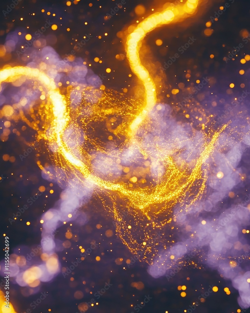 Poster abstract representation of energy and motion with vibrant colors and glowing particles.