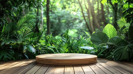 Empty Wooden Platform Surrounded by Lush Green Tropical Foliage in a Sunlit Forest Setting