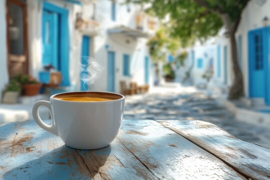 Fototapeta Steaming Coffee Cup Greek Village Sunny Day Wooden Table