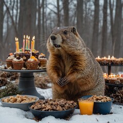 A groundhog and other woodland creatures enjoying a Groundhog Day party with treats and music.