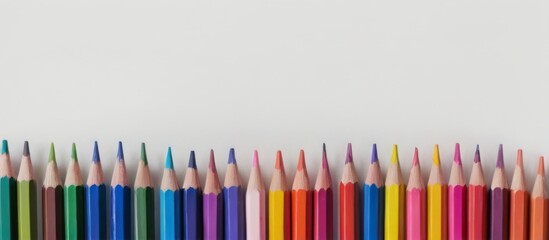 Vibrant colored pencils in orderly row on white background: green, blue, purple, pink, orange, yellow, and red.