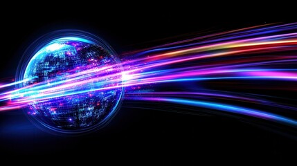 Vibrant Digital Globe with Radiant Light Trails in Dark Space