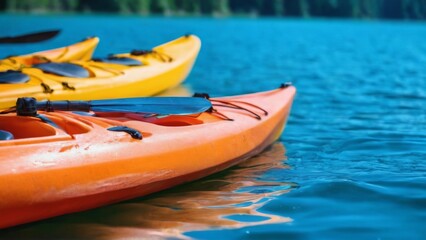 Tranquil scene of colorful kayaks on calm blue lake with scenic mountain reflection and clear blue sky.