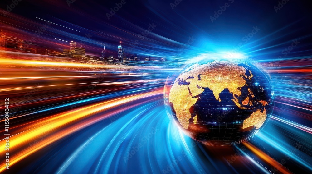 Poster dynamic globe with light trails representing global connectivity and speed