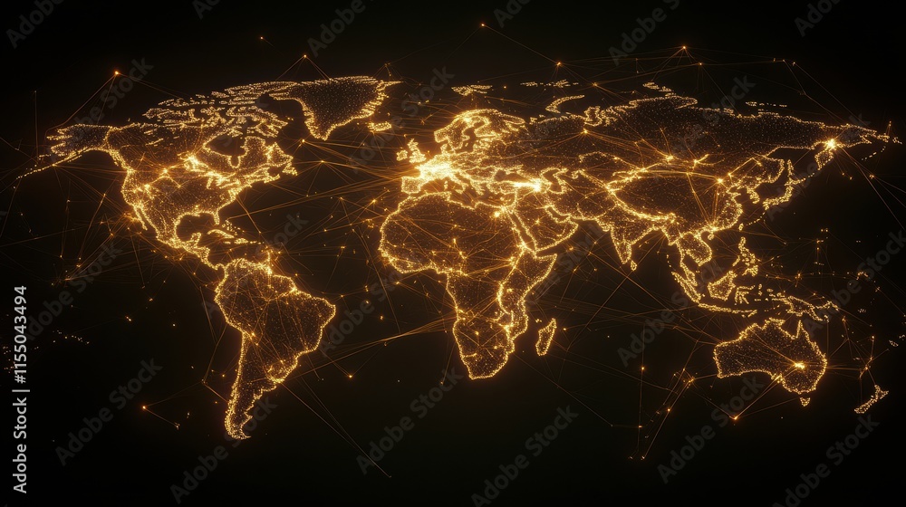 Poster glowing world map with network connections in dark background