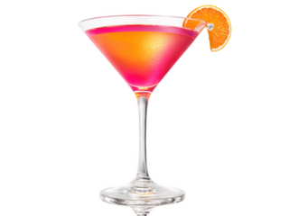 Cosmopolitan cocktail, bright pink liquid, martini glass garnished with orange peel twist, energetic pour motion, vivid ad visual
