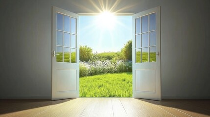 Obraz premium Open door revealing sunny garden.